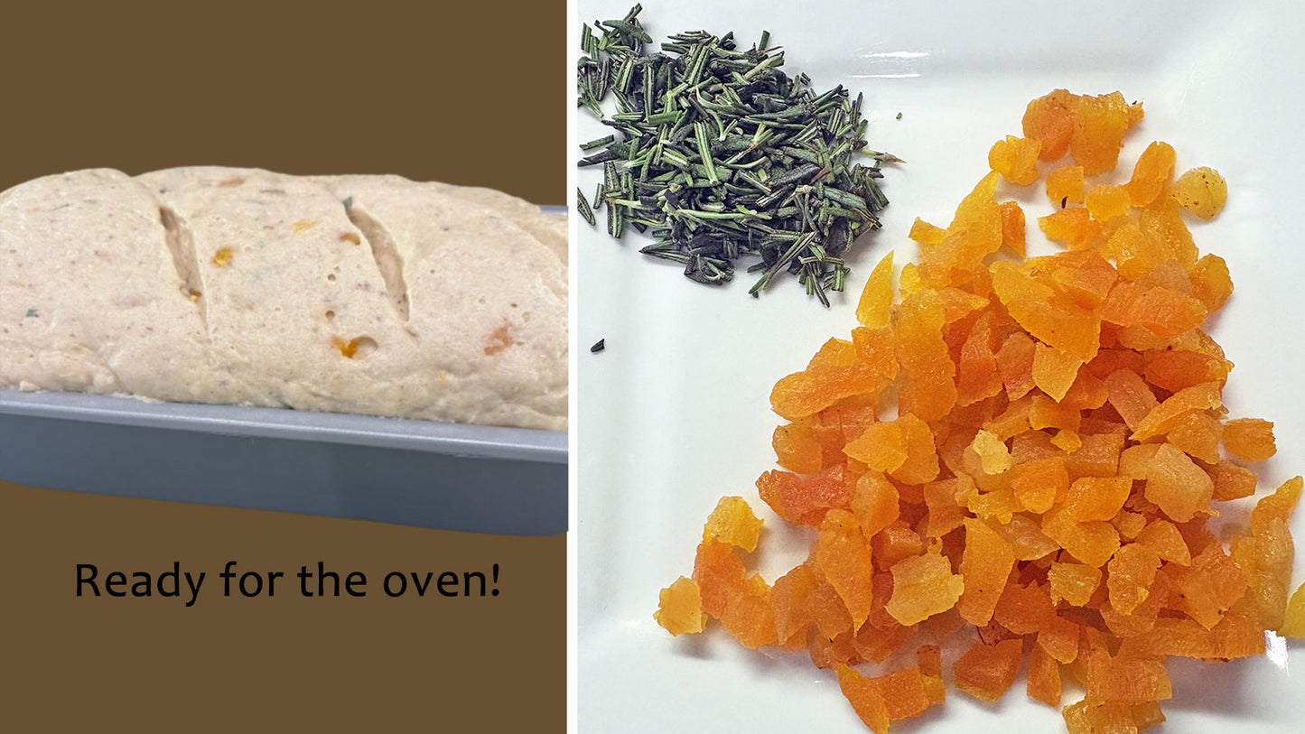 Love That Bread gluten-free bread mix rises in the pan with apricot and rosemary mix-ins
