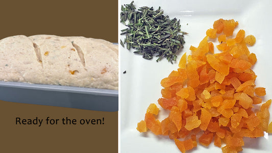 Love That Bread gluten-free bread mix rises in the pan with apricot and rosemary mix-ins